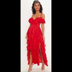 Red Cold Shoulder Ruffle Detail Maxi Dress